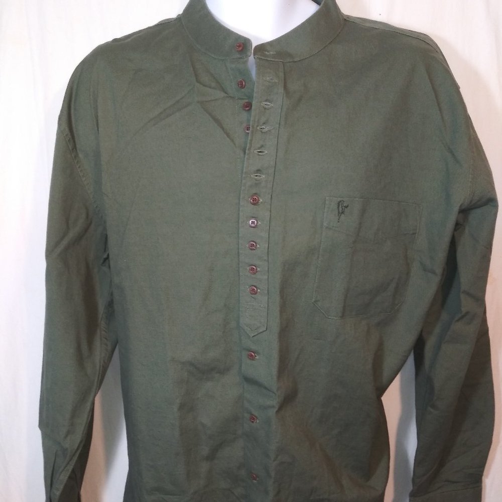 Celtic Ranchwear Collarless Button Up Cotton/Linen XL Green Long Sleeve Shirt